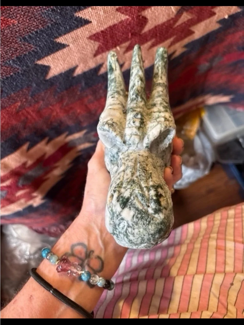 Hand-Carved Green and White Moss Agate Dragon Head